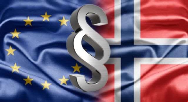 Illustrasjon av EU-flagg og norsk flagg med paragrafsymbol.